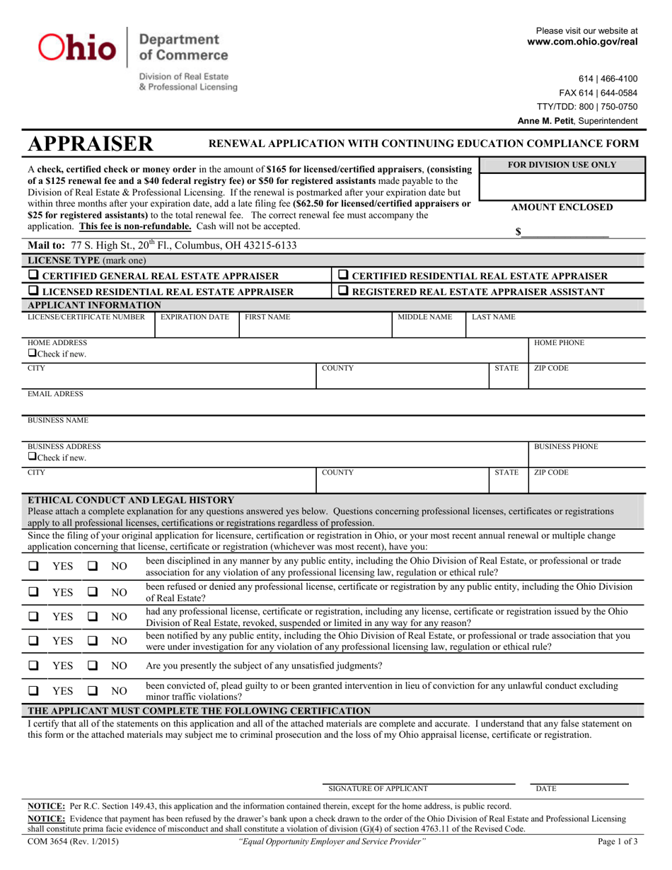 Form COM3654 Appraiser Renewal Application With Continuing Education Compliance Form - Ohio, Page 1