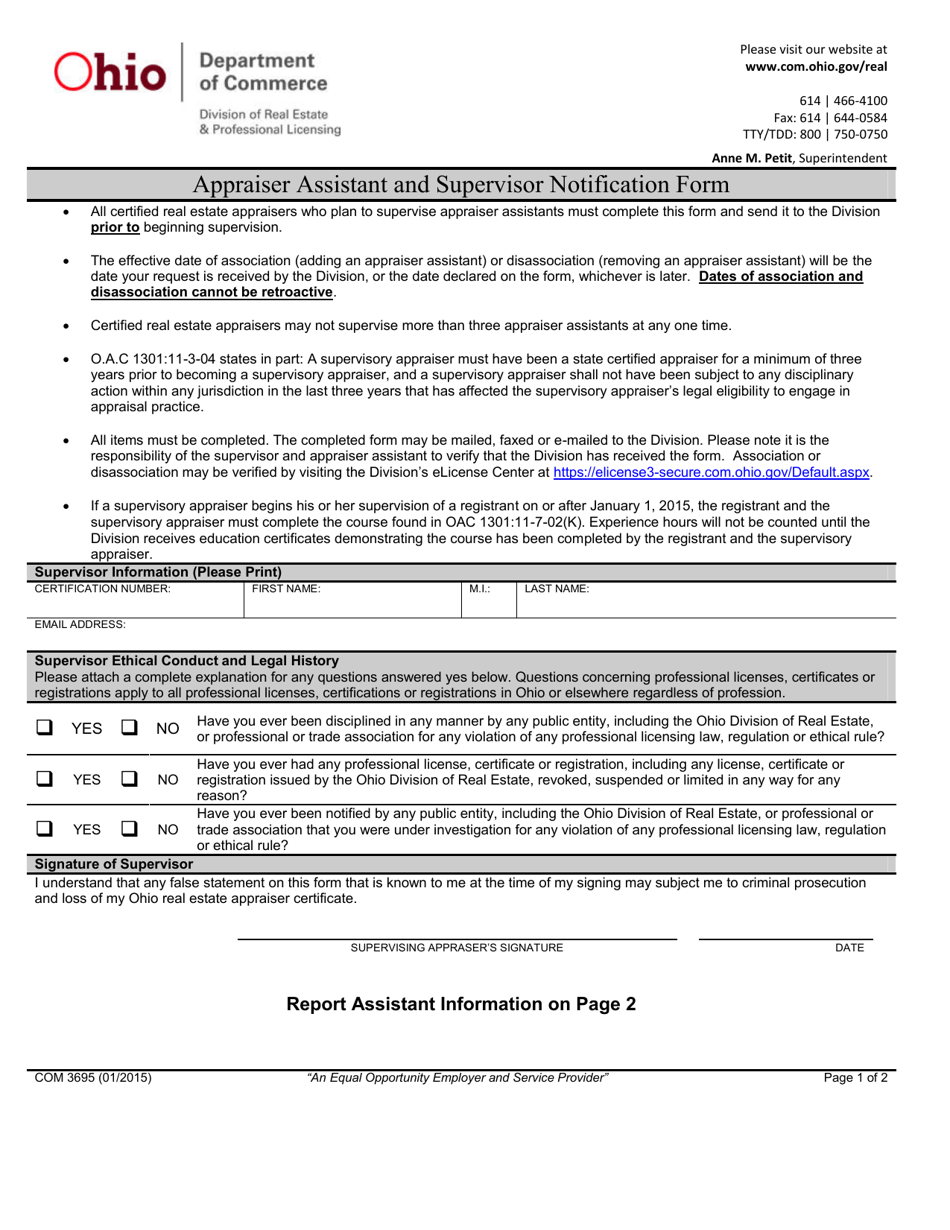 Form COM3695 Appraiser Assistant and Supervisor Notification Form - Ohio, Page 1