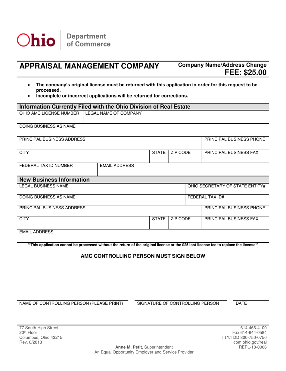 Form REPL-18-0006 Appraisal Management Company Name / Address Change - Ohio, Page 1