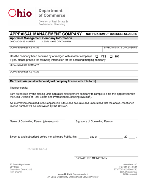 Form REPL-18-0007 Appraisal Management Company Notification of Business Closure - Ohio
