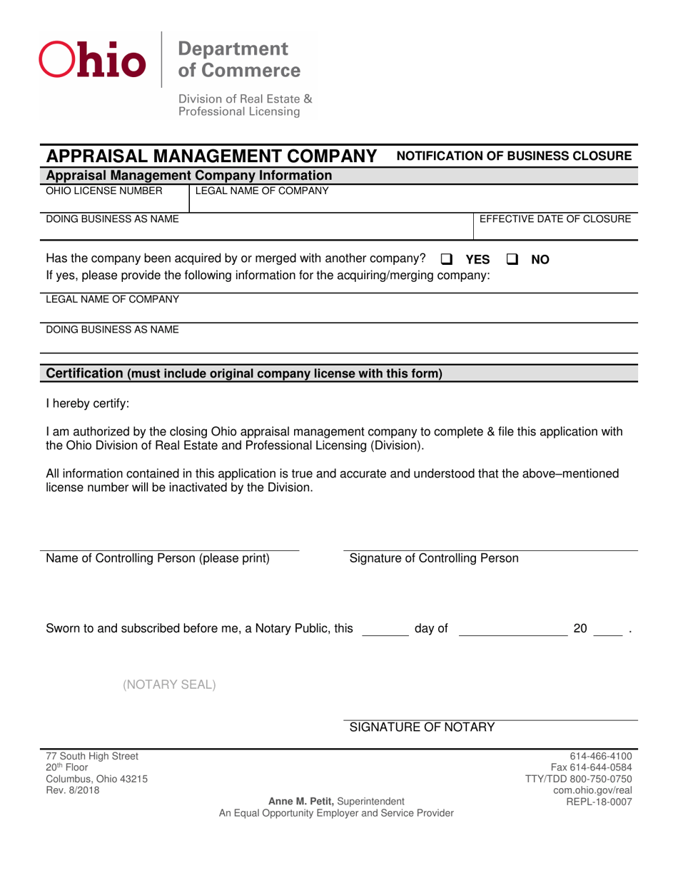 Form REPL-18-0007 Appraisal Management Company Notification of Business Closure - Ohio, Page 1