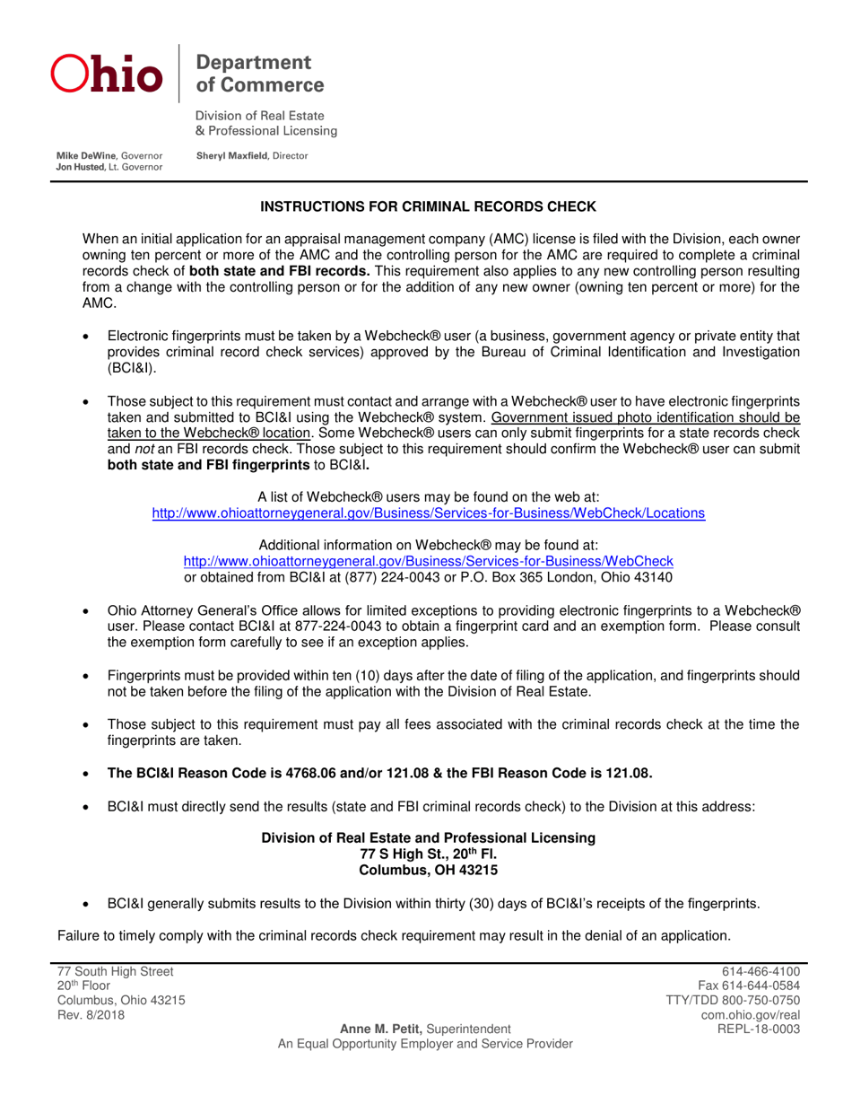 Form REPL-18003 Appraisal Management Company Application - Ohio, Page 1