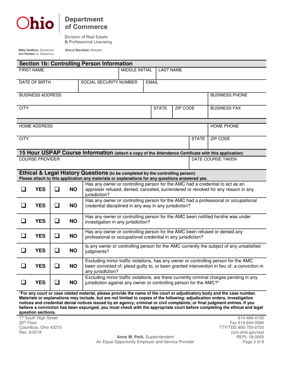 Form REPL-18003 Appraisal Management Company Application - Ohio, Page 4