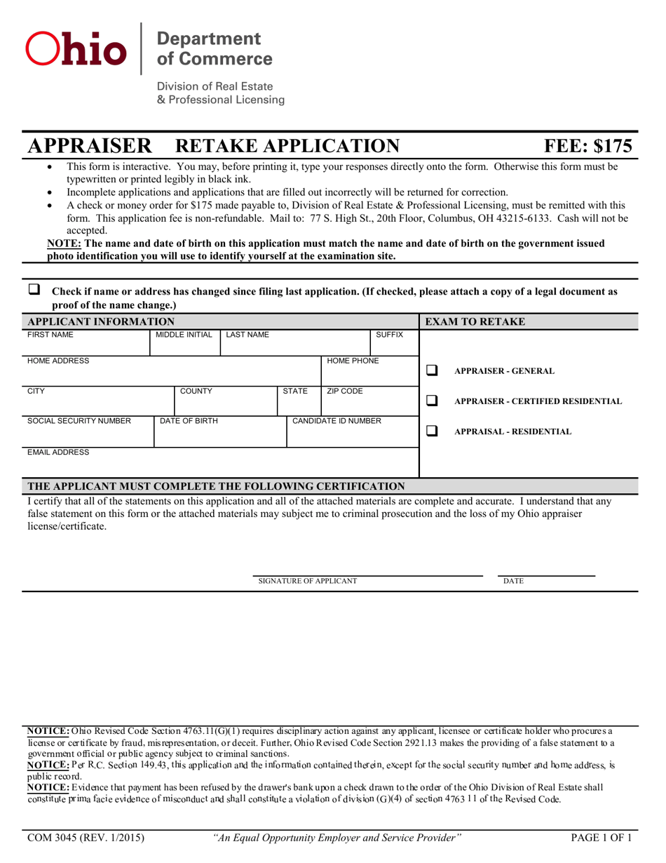 Form COM3045 Appraiser Retake Application - Ohio, Page 1