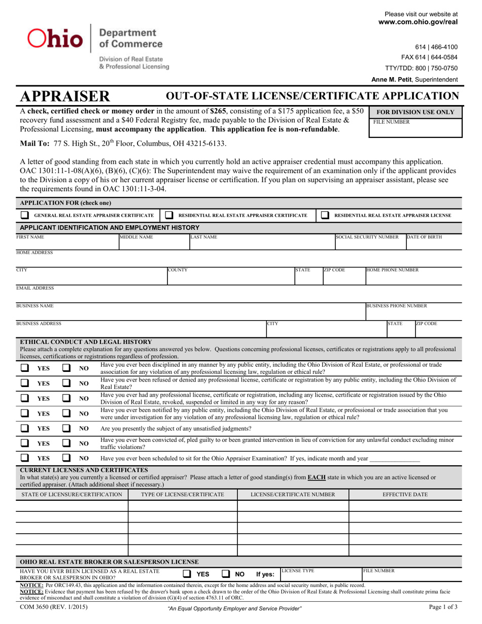 Form COM3650 Appraiser out of State License / Certificate Application - Ohio, Page 3