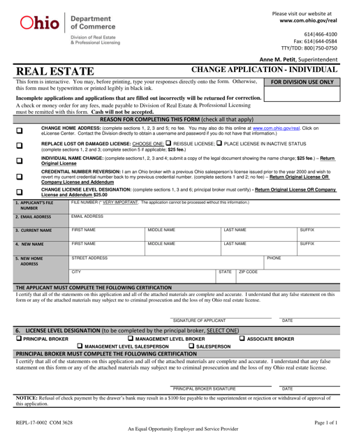 Form COM3628 (REPL-17-0002) Change Application - Individual - Ohio