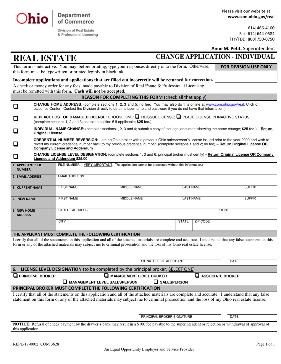 Form COM3628 (REPL-17-0002) Change Application - Individual - Ohio, Page 1