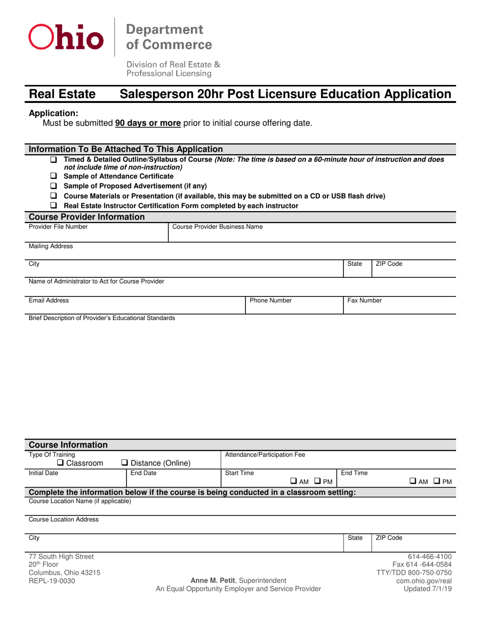 Form REPL-19-0030 Salesperson 20hr Post Licensure Education Application - Ohio, Page 1