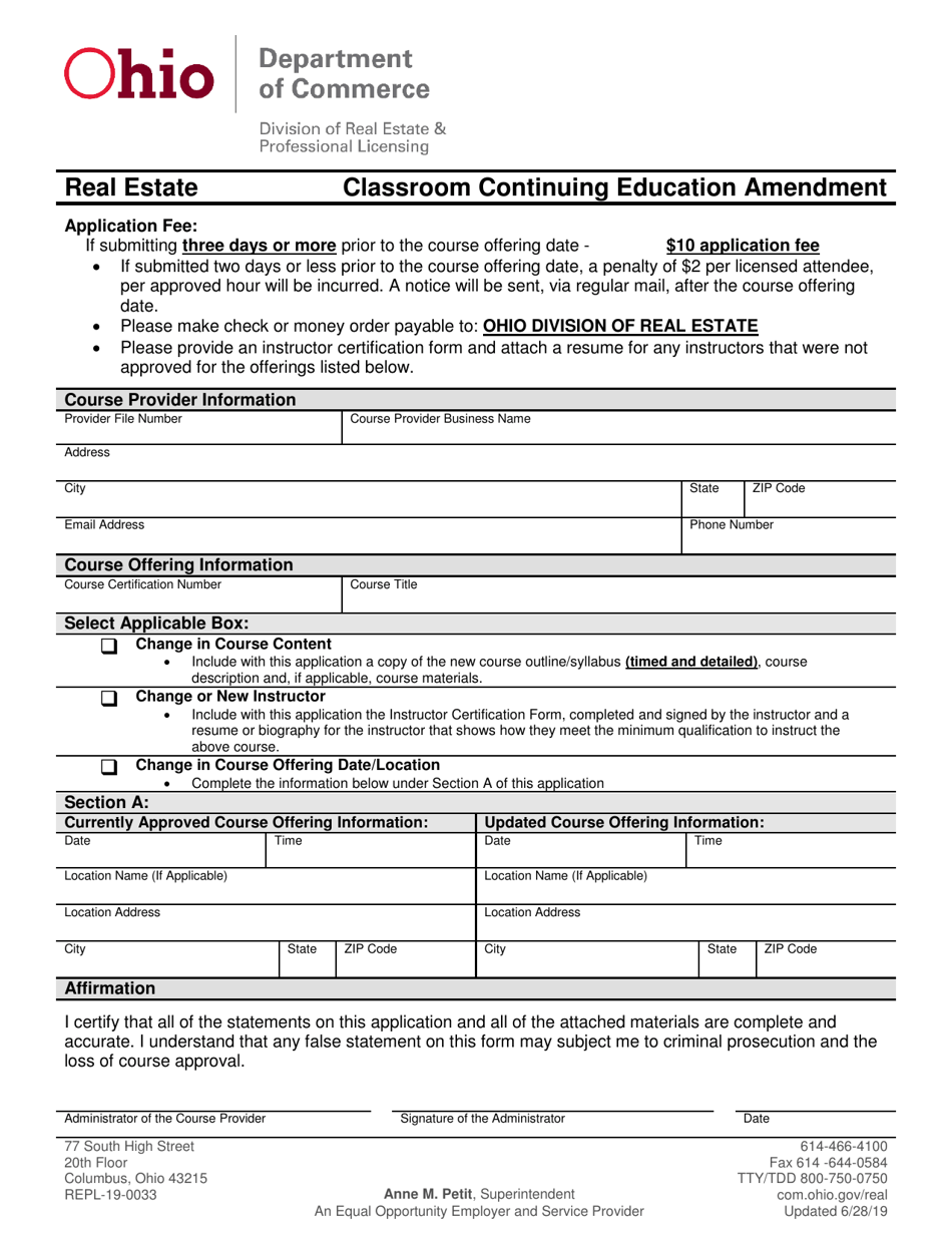 Form REPL-19-0033 Classroom Continuing Education Amendment - Ohio, Page 1