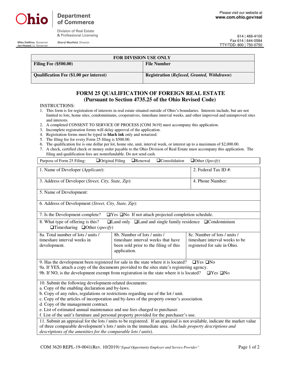 Form COM3620 (REPL-19-0041; 25) Qualification of Foreign Real Estate - Ohio, Page 1
