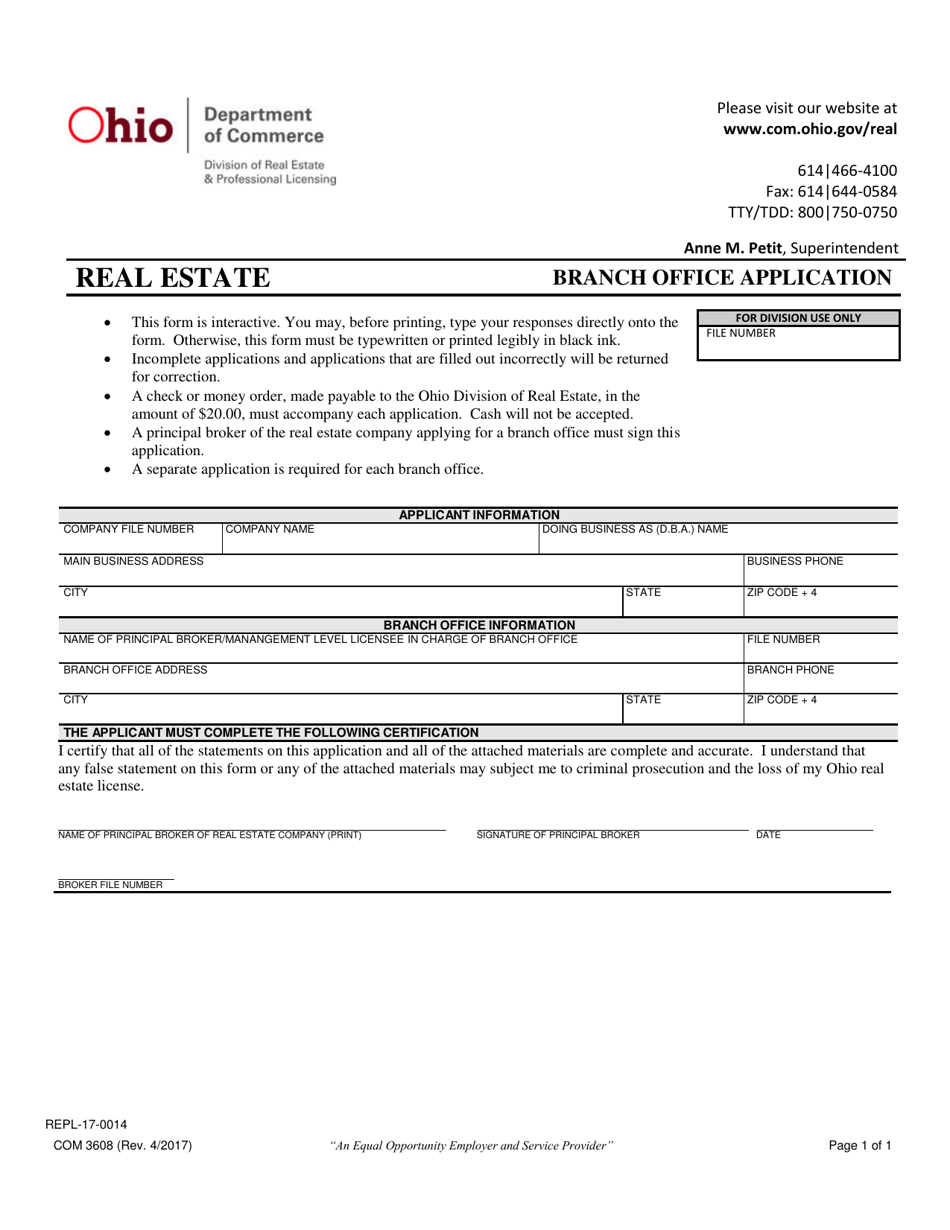 Form COM3608 (REPL-17-0014) Branch Office Application - Ohio, Page 1