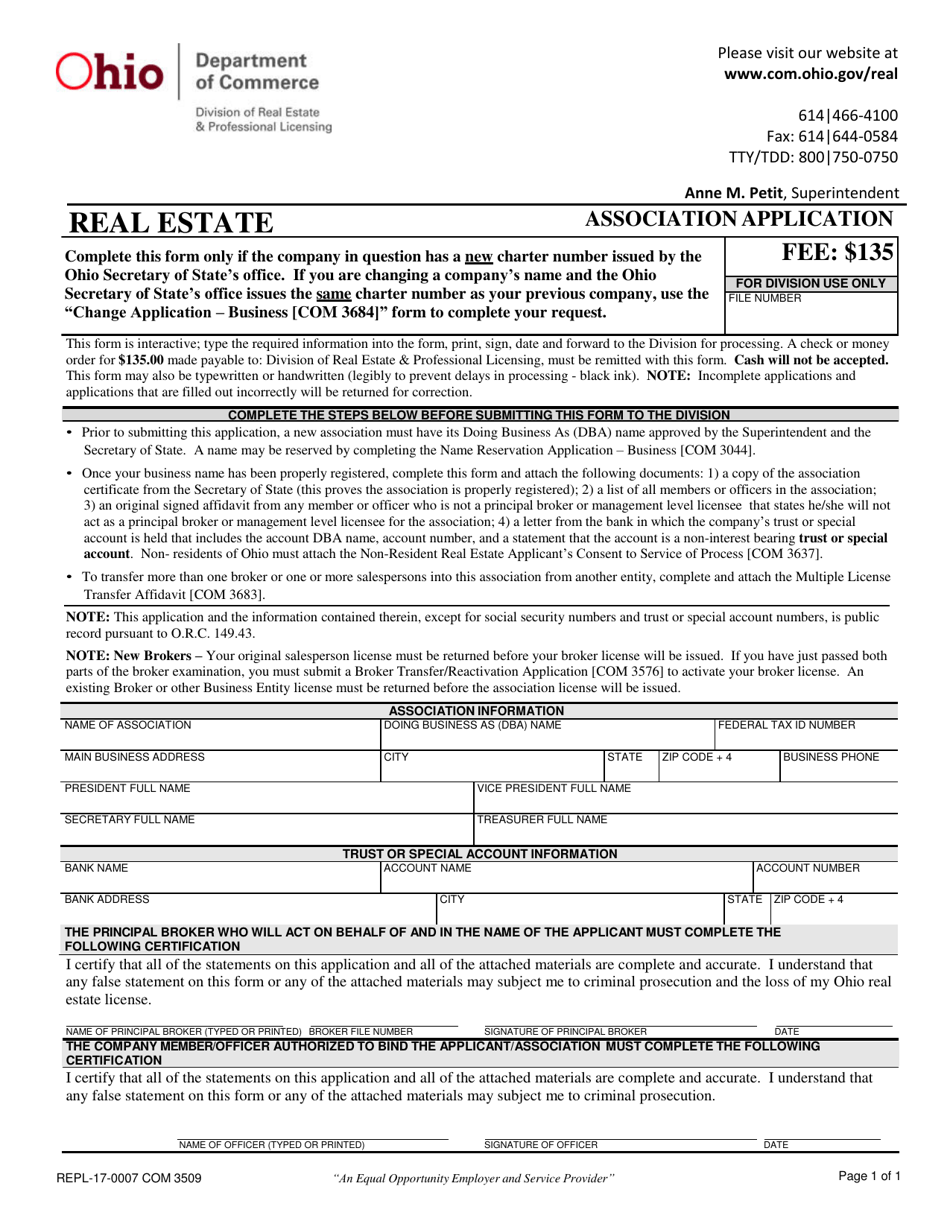 Form COM3509 (REPL-17-0007) Association Application - Ohio, Page 1