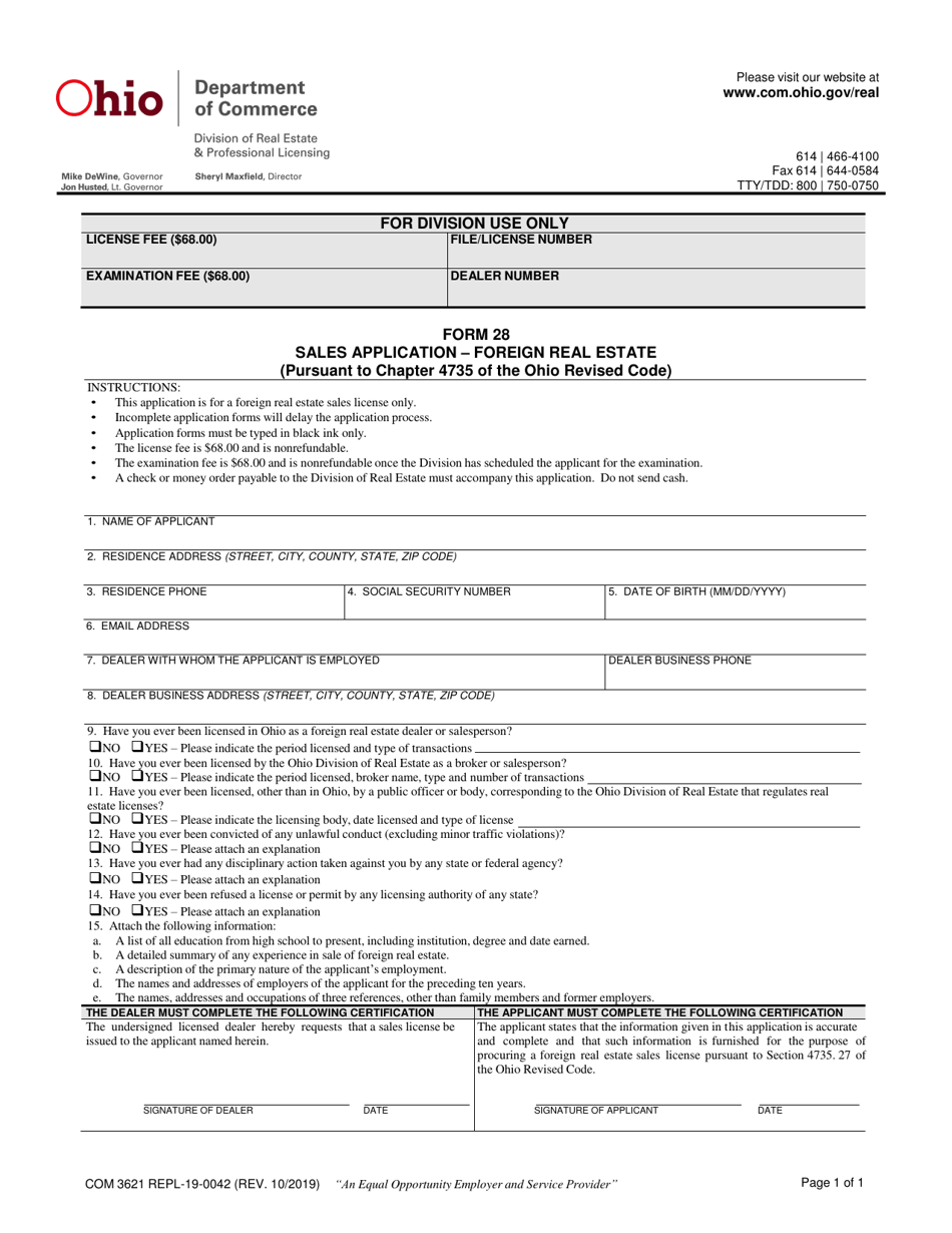 Form 28 (COM3621; REPL-19-0042) Foreign Real Estate Sales Application - Ohio, Page 1