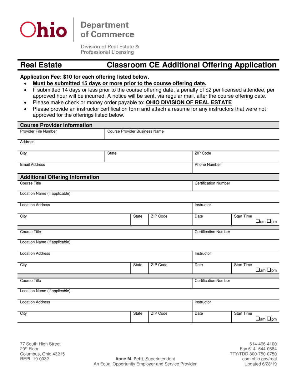 Form COM3645 (REPL-19-0032) Classroom Ce Additional Offering Application - Ohio, Page 1