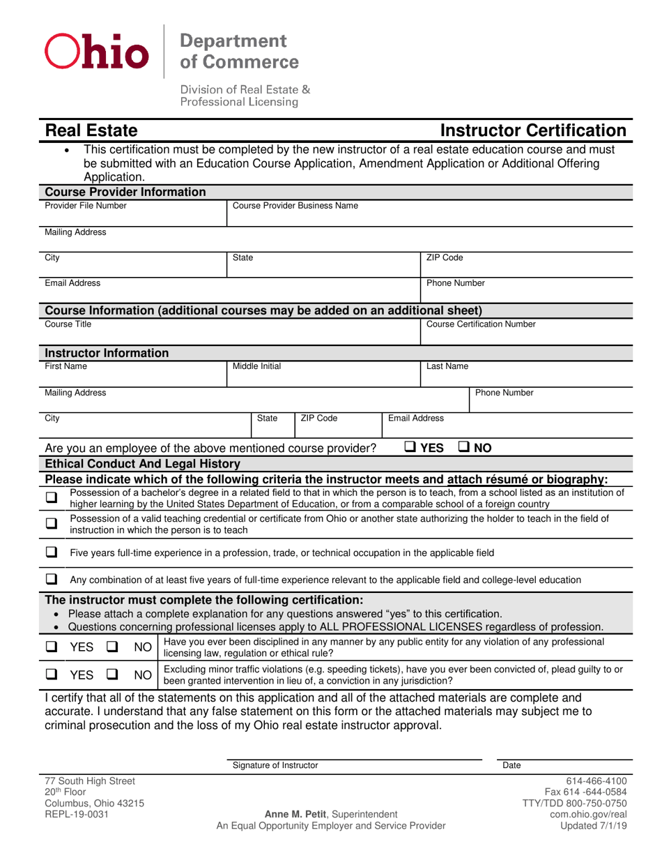 Form REPL-19-0031 Real Estate Instructor Certification - Ohio, Page 1