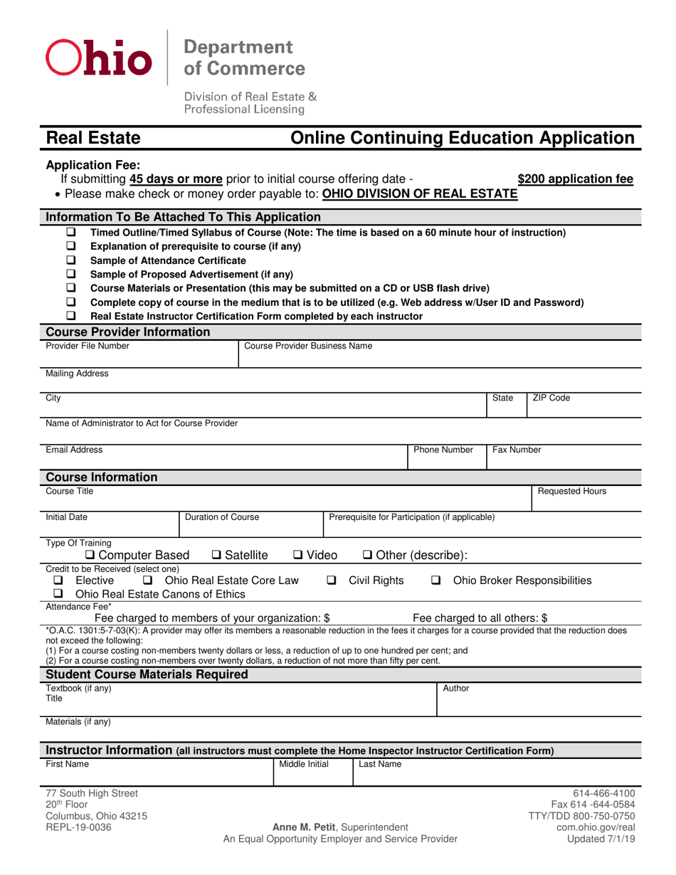 Form REPL-19-0036 (COM3680) Real Estate Online Continuing Education Application - Ohio, Page 1