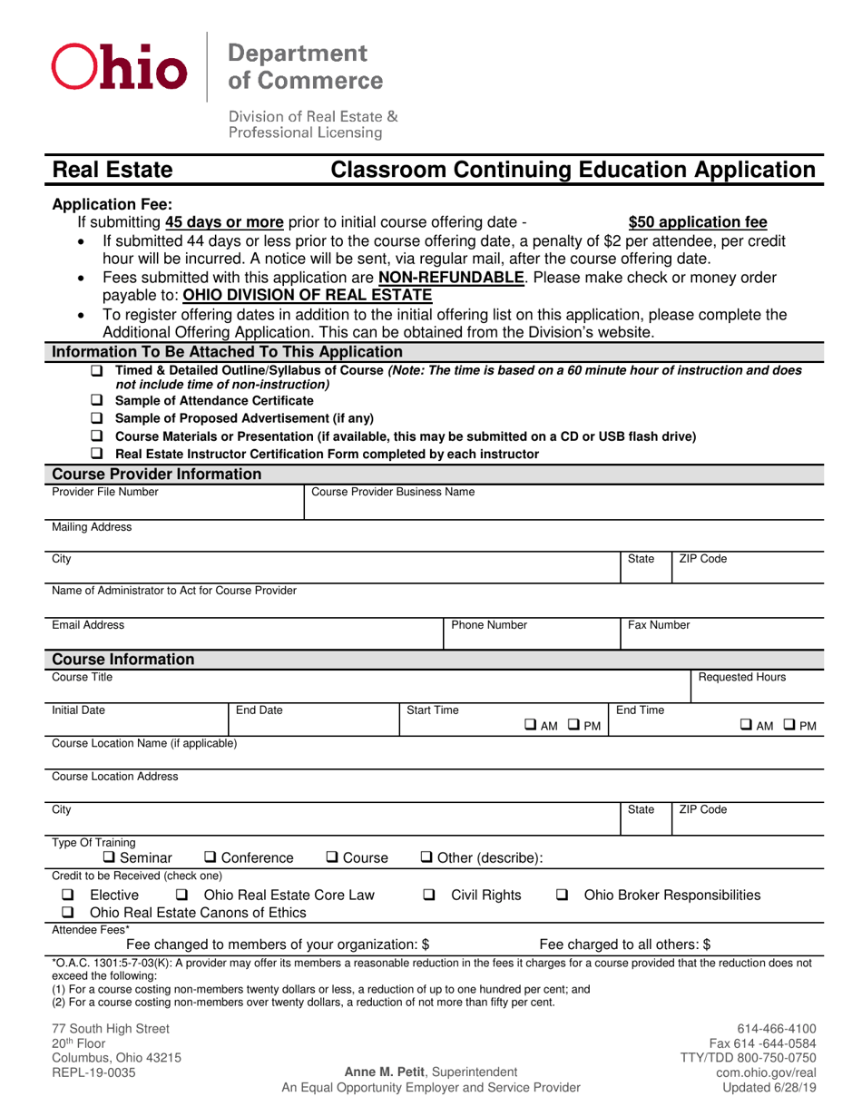 Form REPL-19-0035 Classroom Continuing Education Application - Ohio, Page 1