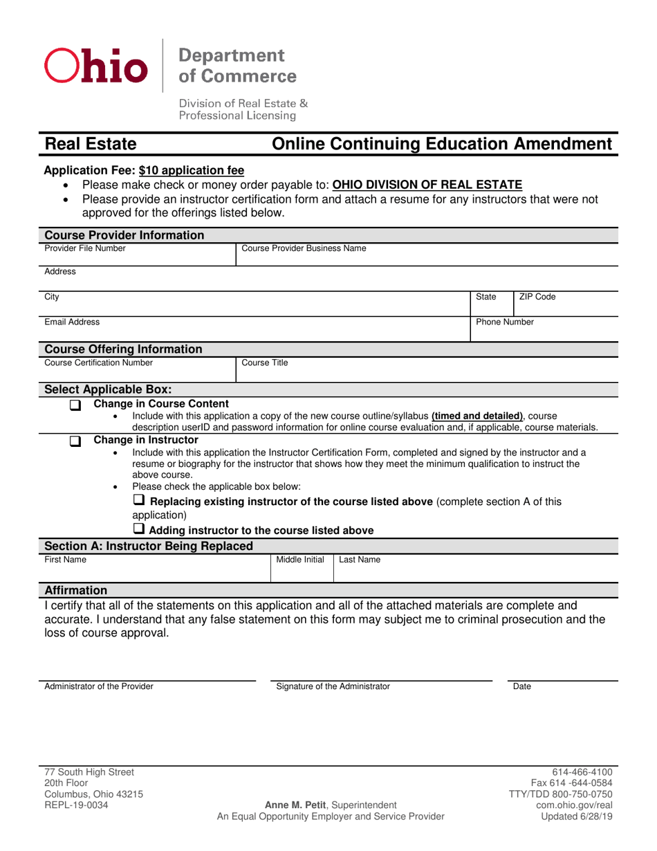 Form REPL-19-0034 Online Continuing Education Amendment - Ohio, Page 1