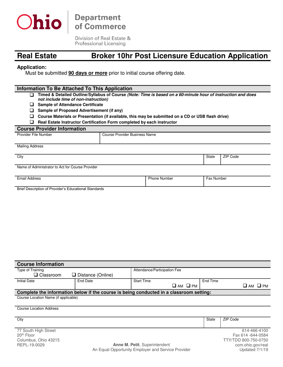 Form REPL-19-0029 Broker 10hr Post Licensure Education Application - Ohio, Page 1