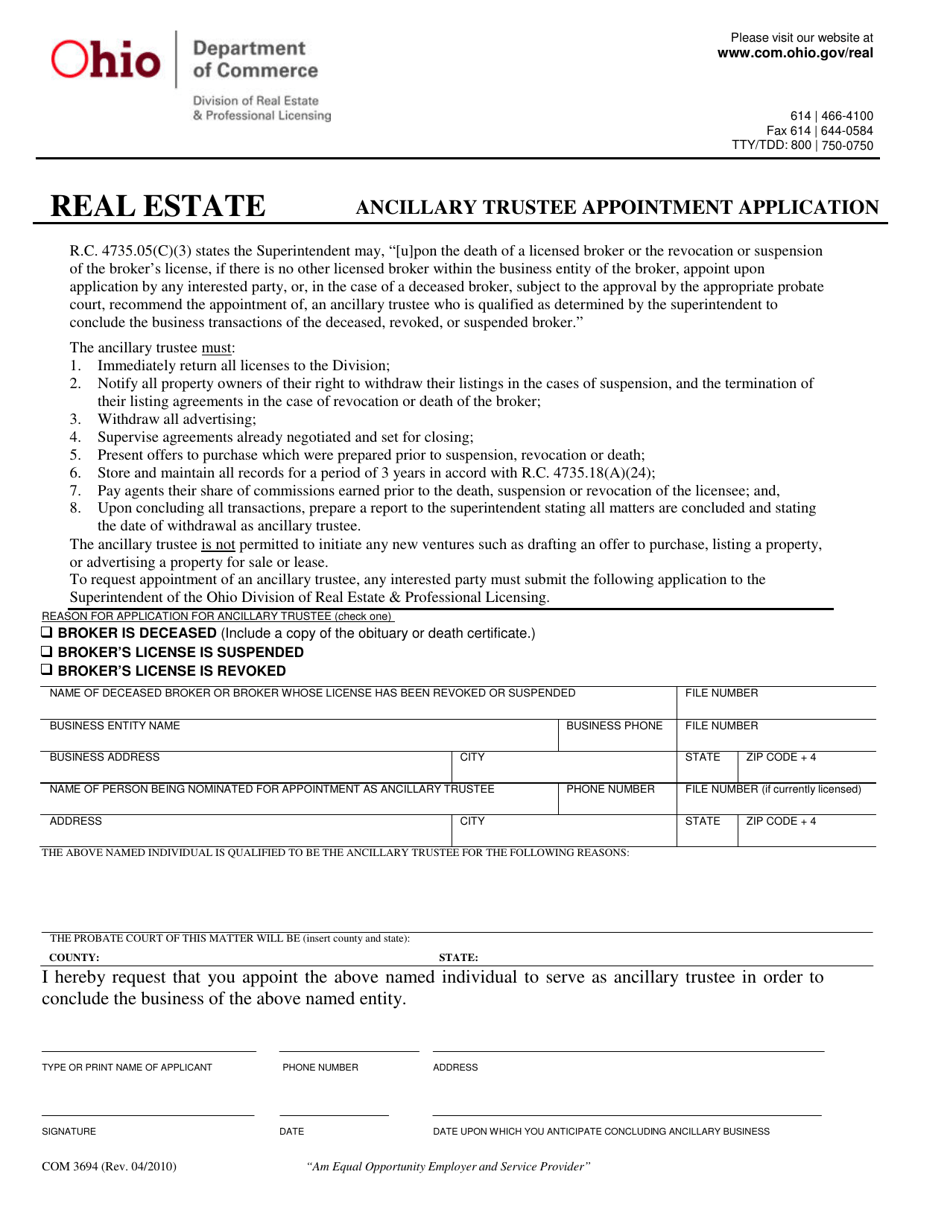 Form COM3694 Ancillary Trustee Appointment Application - Ohio, Page 1