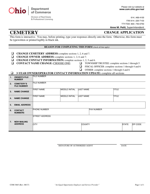 Form COM3665 Cemetery Change Application - Ohio