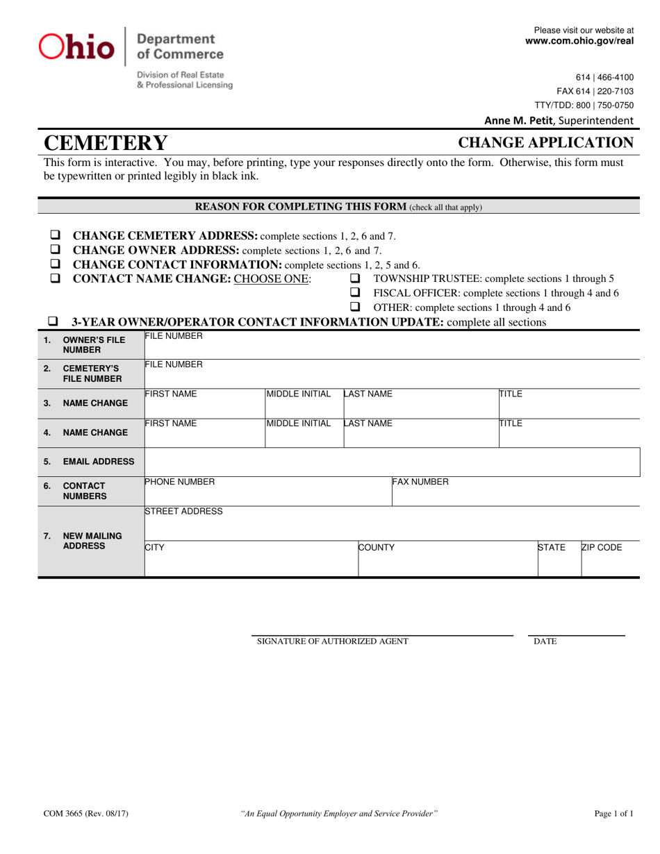 Form COM3665 Cemetery Change Application - Ohio, Page 1