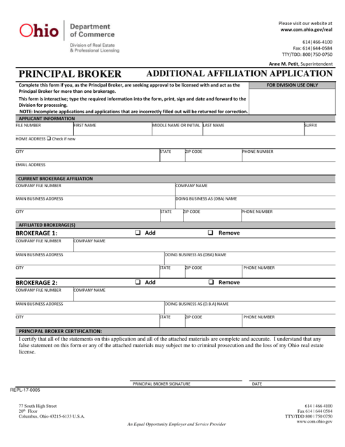 Form REPL-17-0005 Principal Broker Additional Affiliation Application - Ohio
