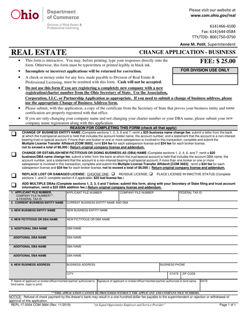 Form COM3684 (REPL-17-0004) Change Application-Business - Ohio