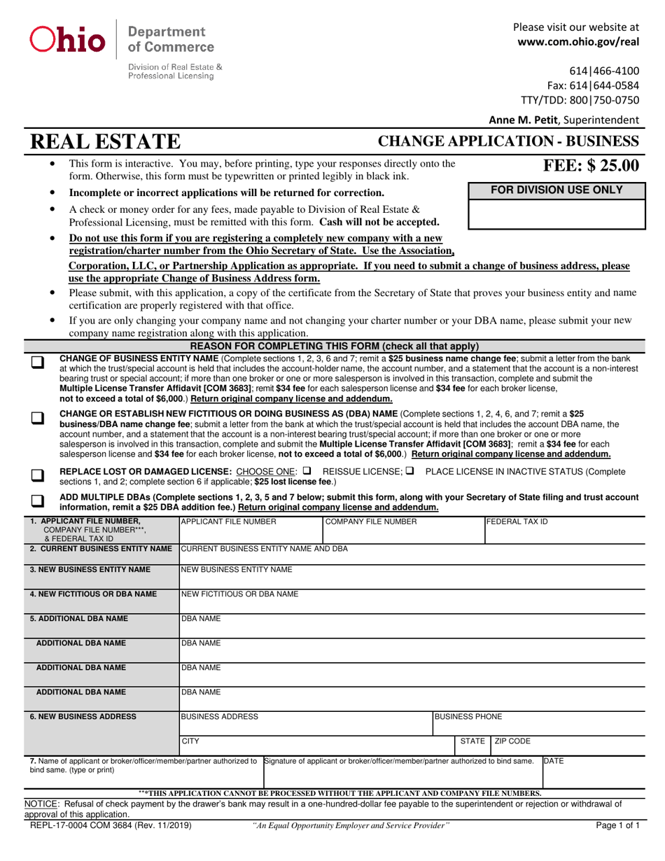 Form COM3684 (REPL-17-0004) Change Application-Business - Ohio, Page 1