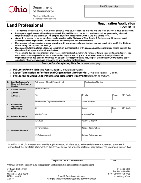 Form REPL-19-0021 Land Professional Reactivation Application - Ohio