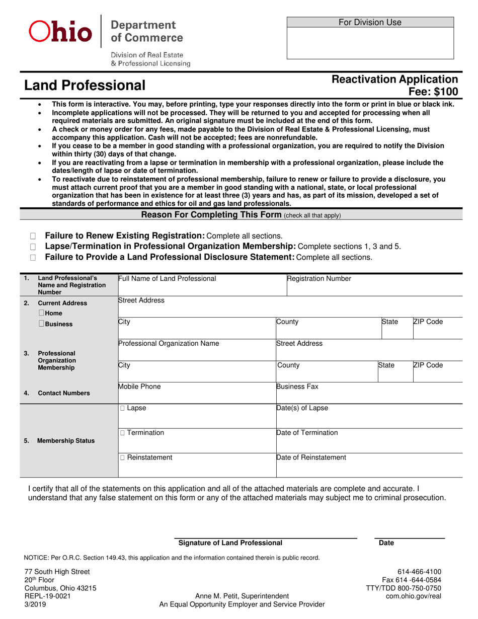 Form REPL-19-0021 Land Professional Reactivation Application - Ohio, Page 1