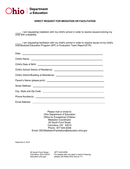 Direct Request for Mediation or Facilitation - Ohio Download Pdf