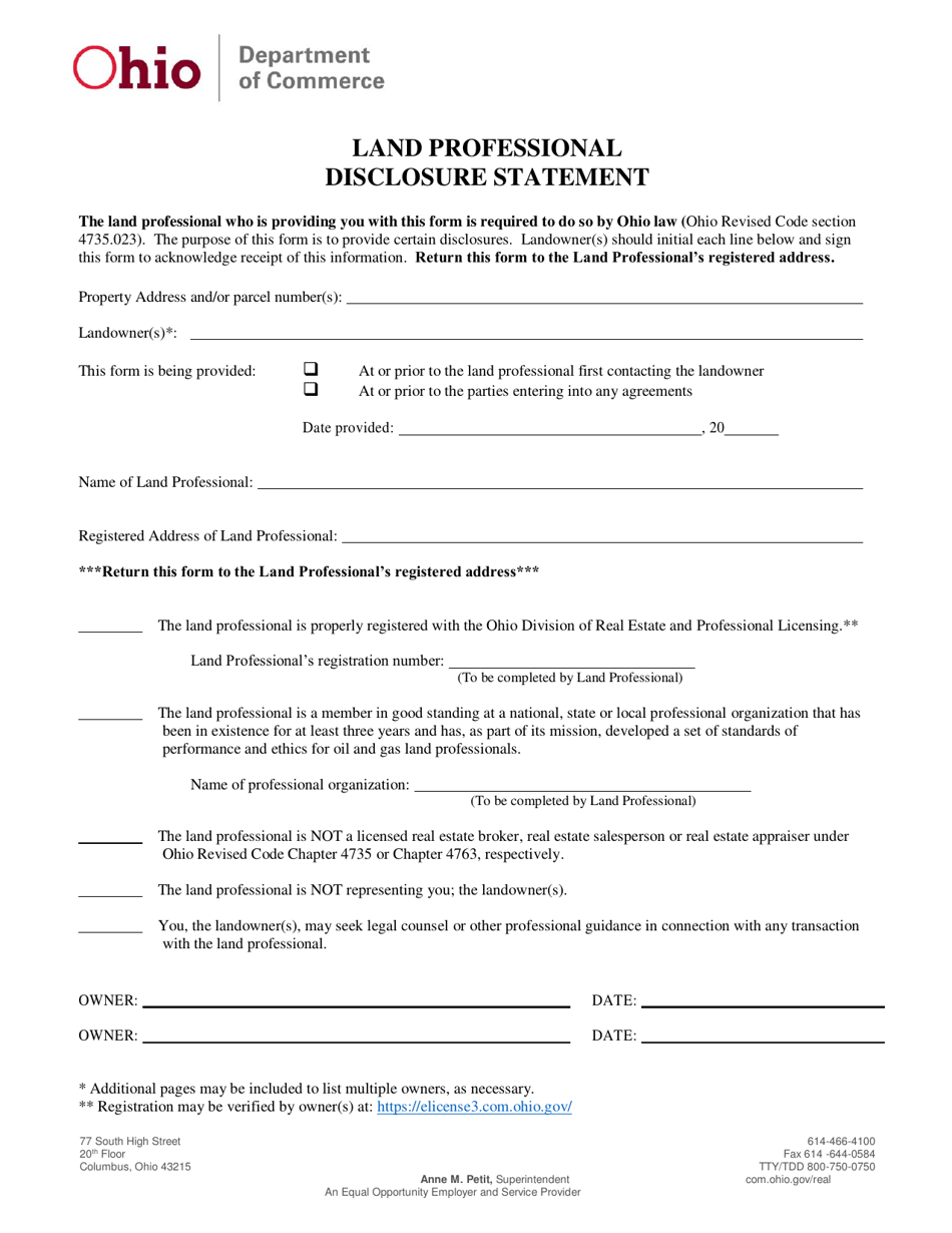 Ohio Land Professional Disclosure Statement Fill Out, Sign Online and
