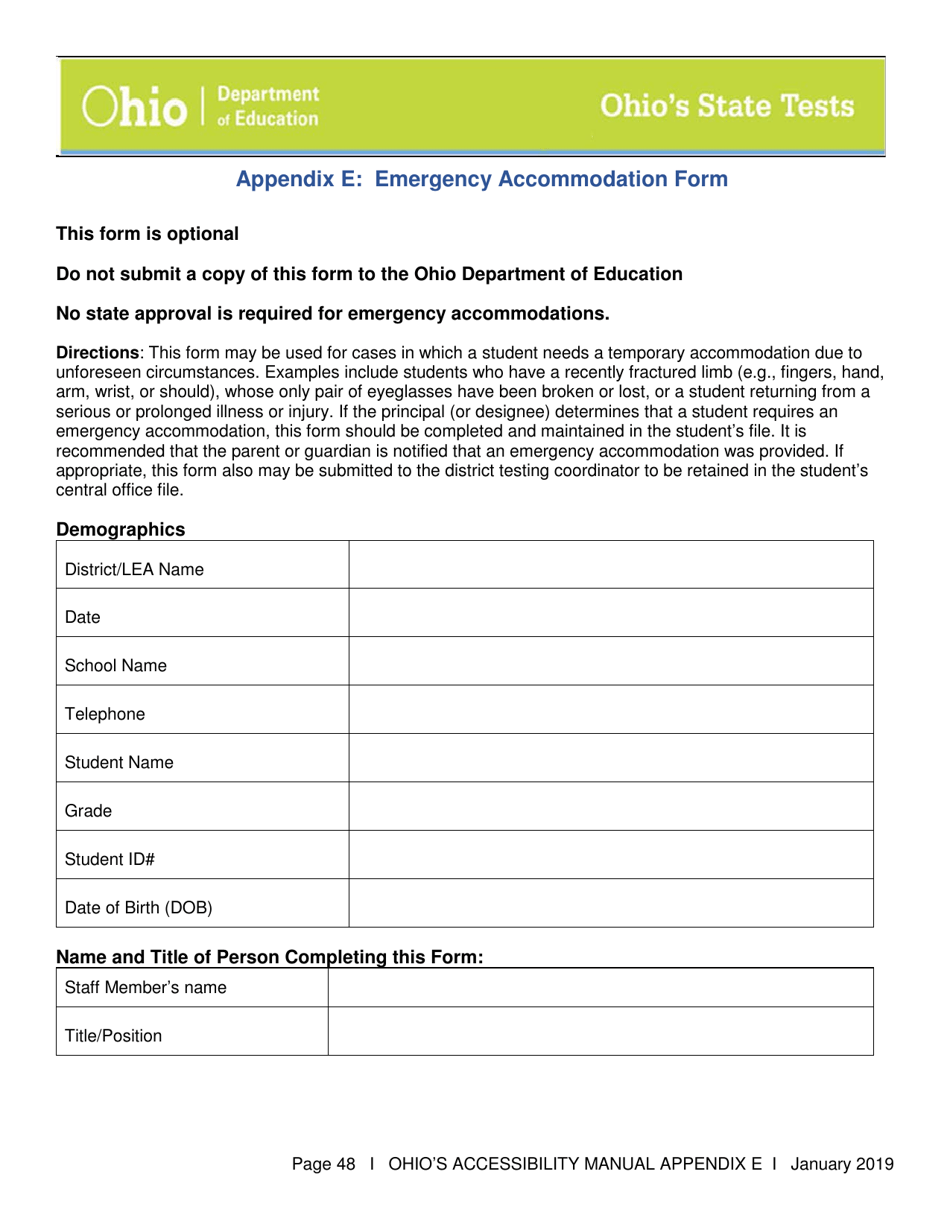 Appendix E Emergency Accommodation Form - Ohio, Page 1