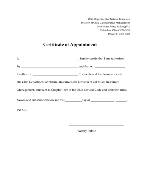 Certificate of Appointment - Ohio Download Pdf