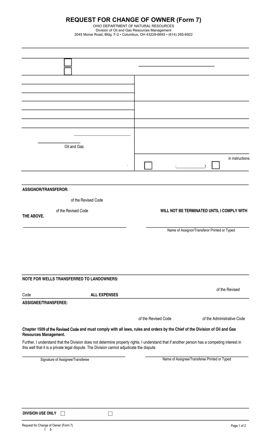 Form 7 (DNR5616) Request for Change of Owner - Ohio, Page 1