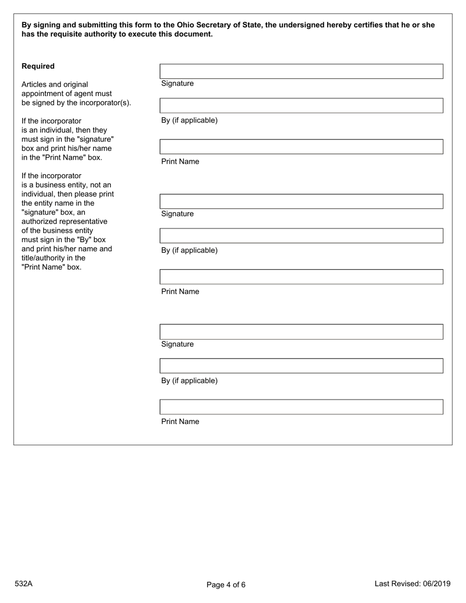 Form 532A Initial Articles of Incorporation (For Profit, Domestic Corporation) - Ohio, Page 4