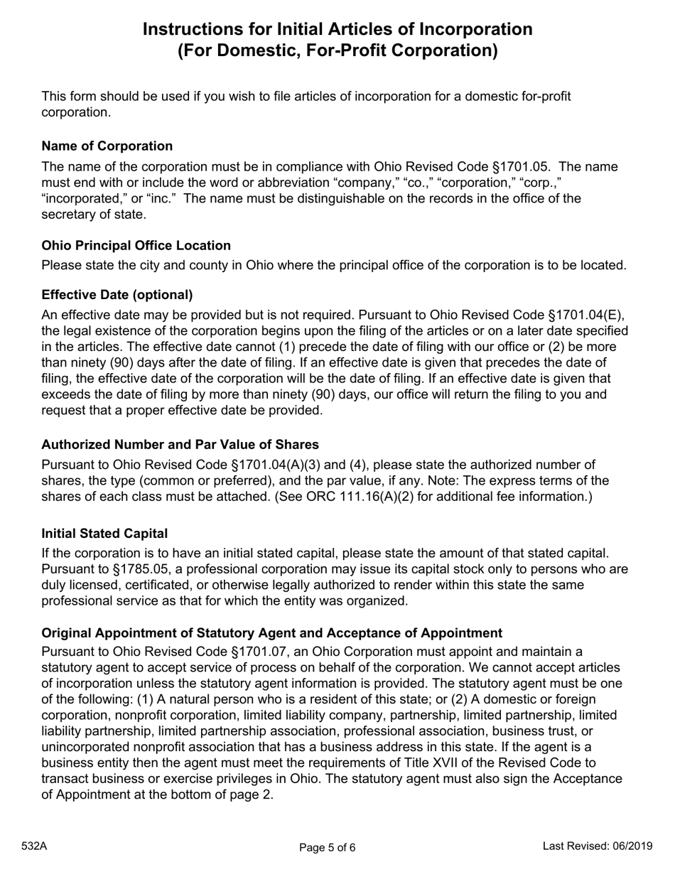 Form 532A Initial Articles of Incorporation (For Profit, Domestic Corporation) - Ohio, Page 5