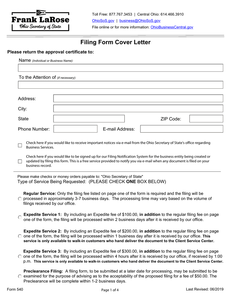 Form 540 Certificate of Amendment (For-Profit, Domestic Corporation) - Ohio, Page 1