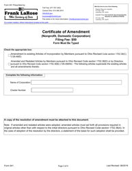 Form 541 Certificate of Amendment (Nonprofit, Domestic Corporation) - Ohio, Page 2