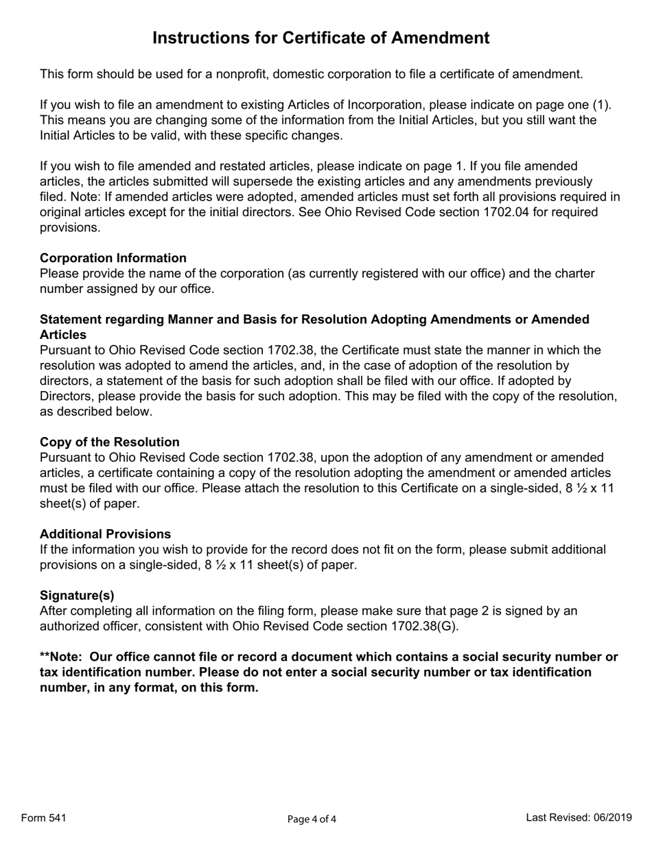Form 541 Certificate of Amendment (Nonprofit, Domestic Corporation) - Ohio, Page 4