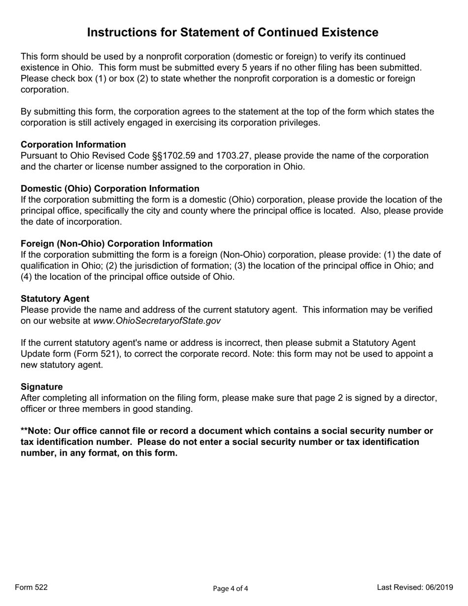 Form 522 Statement of Continued Existence - Ohio, Page 4