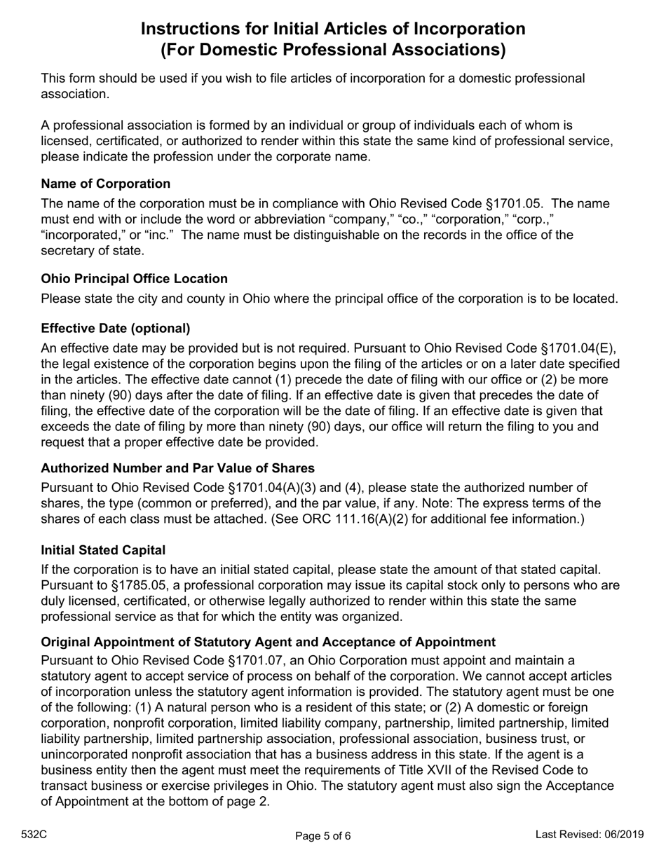 Form 532C Initial Articles of Incorporation (Professional Association, Domestic Corporation) - Ohio, Page 5