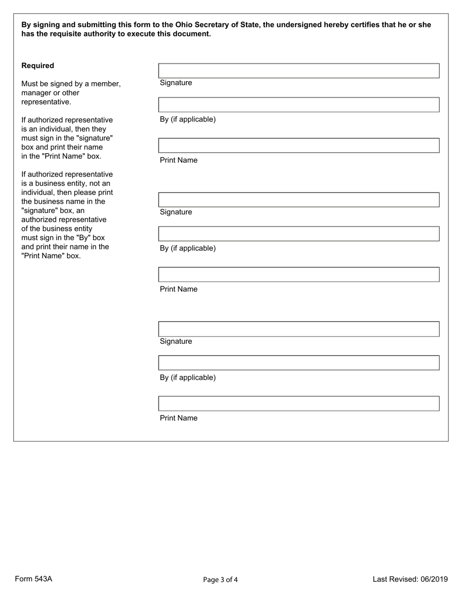 Form 543A Domestic Limited Liability Company Certificate of Amendment or Restatement - Ohio, Page 3