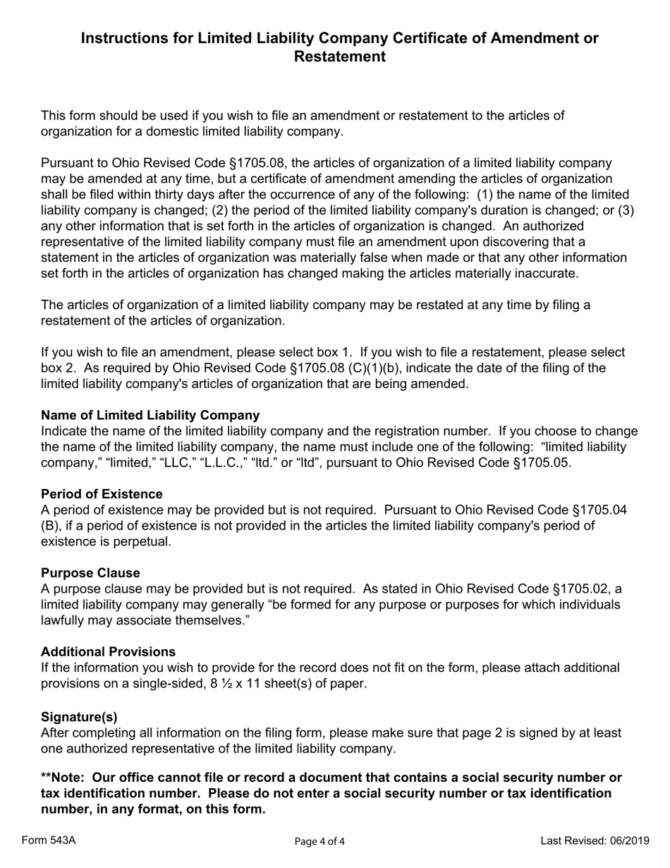 Form 543A Domestic Limited Liability Company Certificate of Amendment or Restatement - Ohio, Page 4