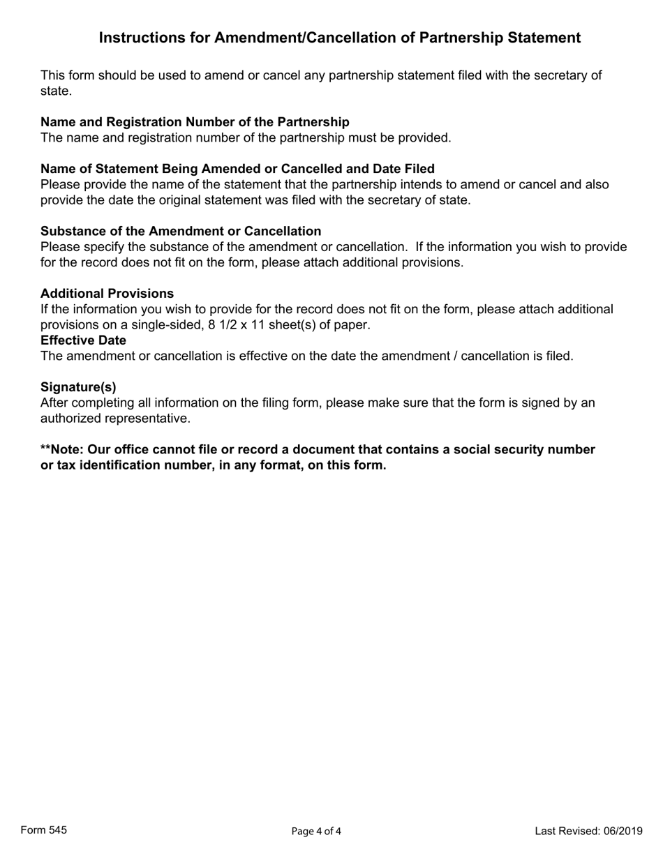 Form 545 Amendment / Cancellation of Partnership Statement (Partnership / Limited Liability Partnership) - Ohio, Page 4