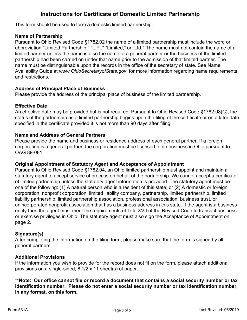 Form 531A Certificate of Domestic Limited Partnership - Ohio, Page 5
