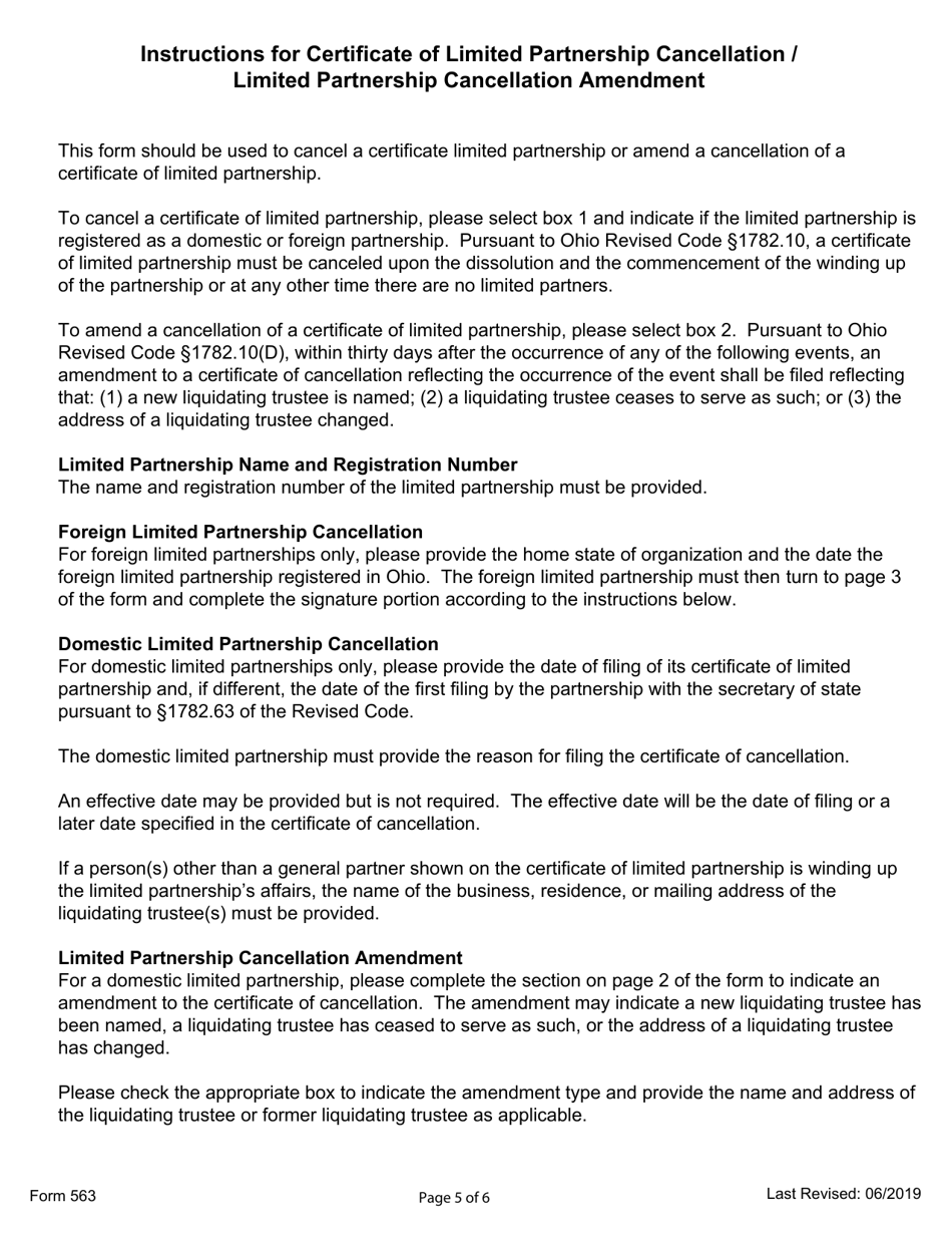 Form 563 Certificate of Limited Partnership Cancellation / Limited Partnership Cancellation Amendment - Ohio, Page 5