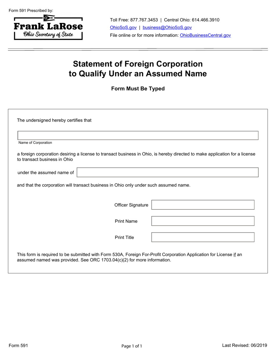 Form 591 Statement of Foreign Corporation to Qualify Under an Assumed Name - Ohio, Page 1