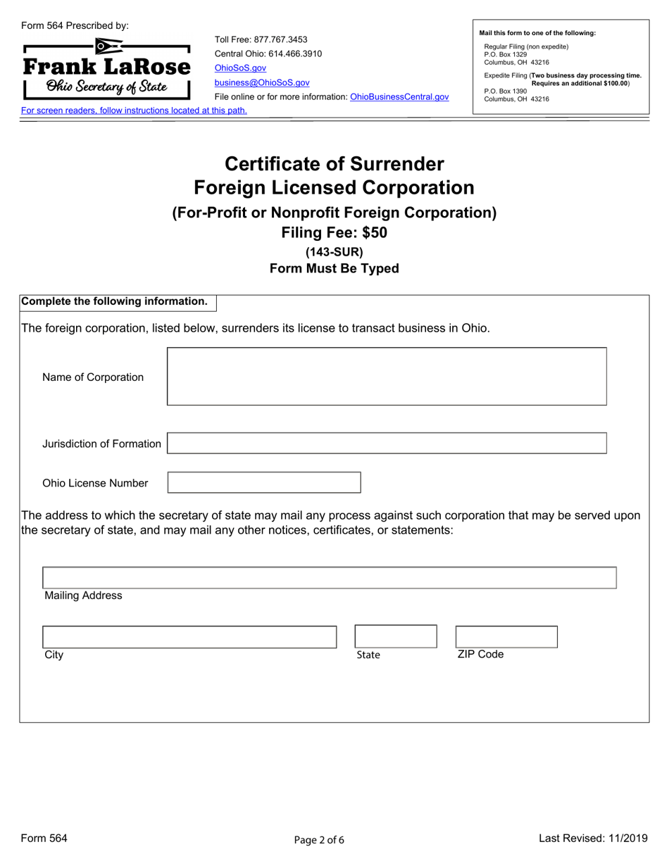 Form 564 Certificate of Surrender Foreign Licensed Corporation (For-Profit or Nonprofit Foreign Corporation) - Ohio, Page 2